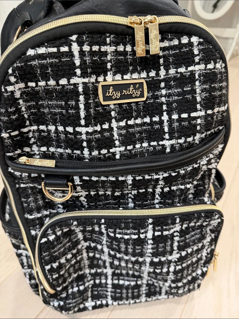 Itzy Ritzy Black & White Tweed Diaper Backpack with Gold Hardware